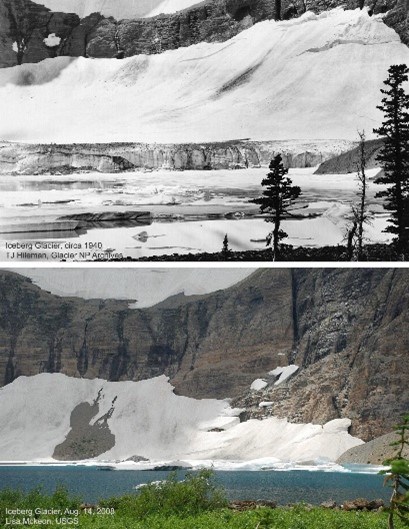 Two pictures showing the same landscape seen of a mountain lake and ice.