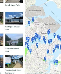 Map of Annapolis with blue markers and images of parks on the left.