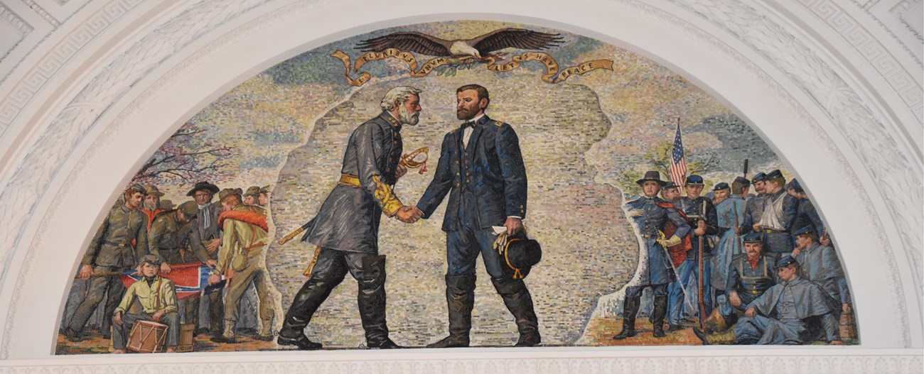 Mosaic art of two men shaking hands in different military uniforms, while a group of men holding different flags are behind each of them