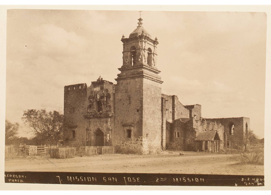 Exterior of Mission San José with multiple graves outlined by grave fences c.1892