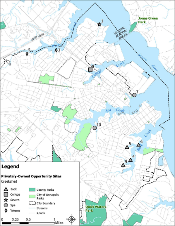A screenshot of a map illustrating the privately-owned opportunity sites in the creekshed.