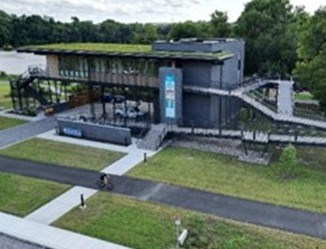 Image from a bird's eye view of the newly constructed James  A. Buzzard River Education Center located on the 0.85-acre site between Dock Street and the James River, proximate to Richmond's James River Park System in Richmond, VA.