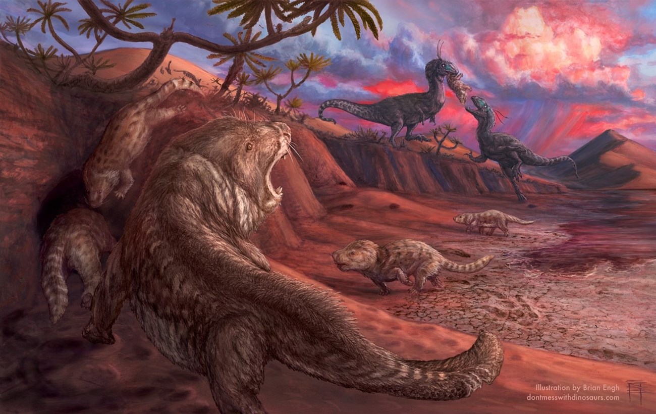 Artist's rendering of prehistoric scene with small mammals and large dinosaurs in a sand dune environment.