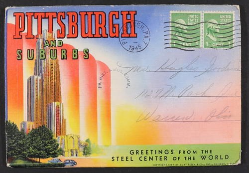 Multicolored illustration with a skyscraper and tree on the right side, with title "Pittsburgh and Suburbs"