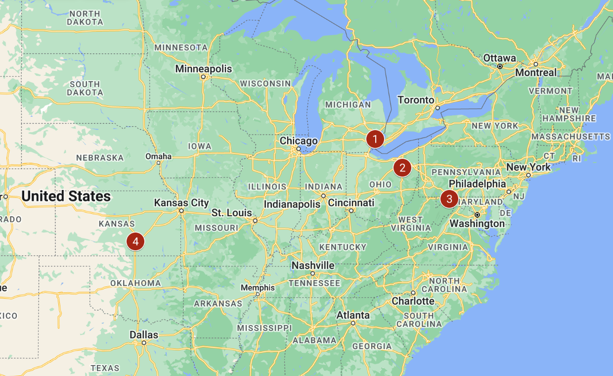 Map of the eastern and midwestern United States from North Dakota to northern Texas and western Maine to Georgia. Major highways are represented as yellow lines. There are red numbered circles on the locations of places in this article.