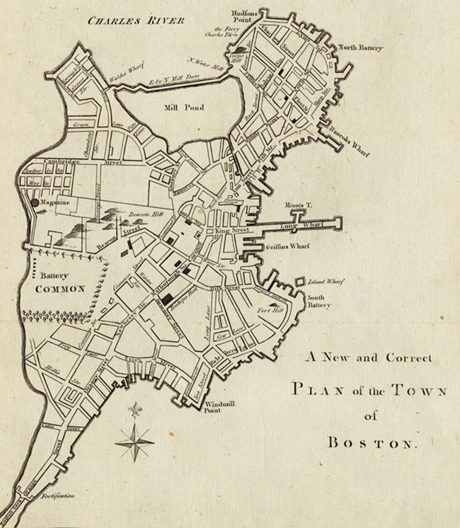 1775 map of Boston, with streets outlined and fortifications labeled