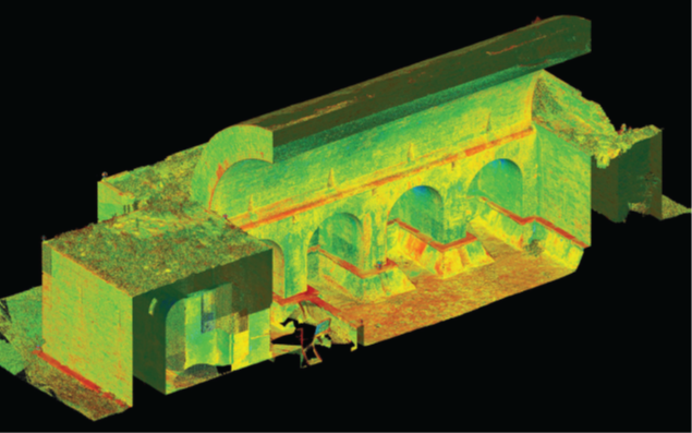 Color image of an assembled point cloud showing a cut-away section through large masonry building with very thick walls and an arcade with a barrel vault roof overhead.