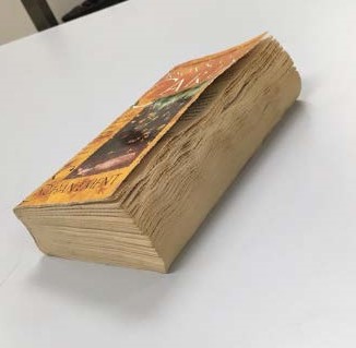 Lastly, the flattened book is shown with slightly ruffled pages after remedial efforts were complete.