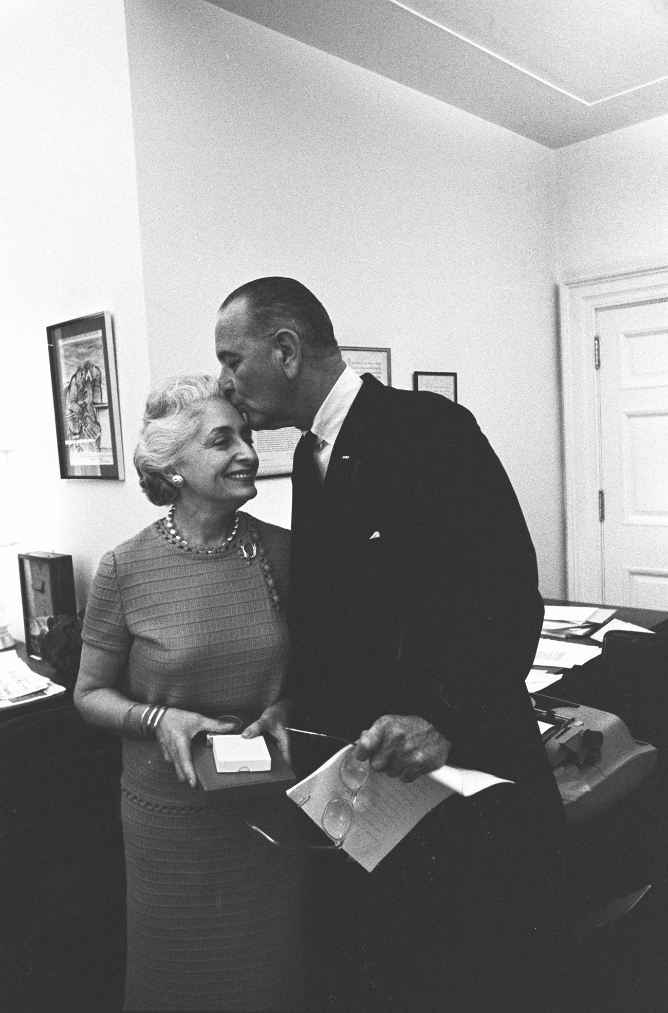 President Lyndon Baines Johnson kissing Toinette Bachelder's forehead on her last day, White House, Washington DC, 4-22-1966