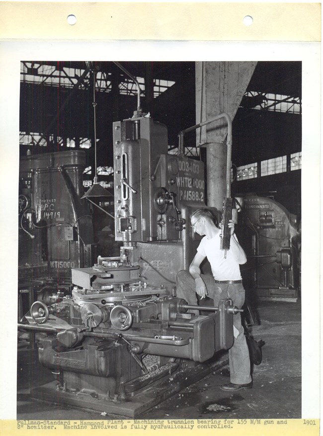 Pullman Standard, Hammond Plant. Machining trunnion bearing for 155mm gun and 8in howitzer. Machine involved is fully hydraulically controlled