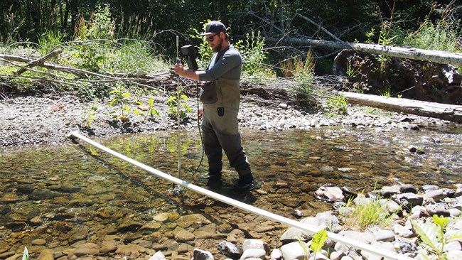 Man stands in middle of shallow stream holding a tool to measure stream discharge.