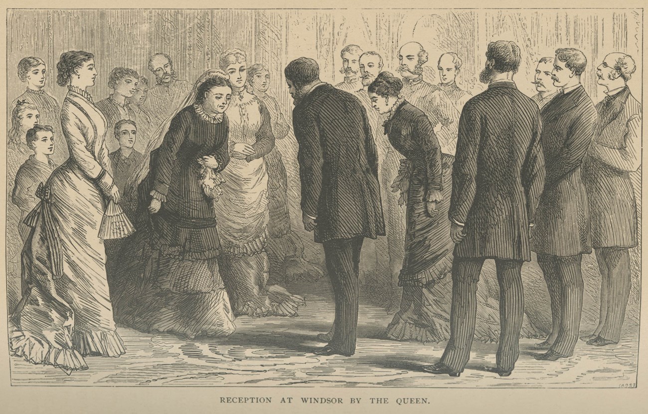 Lithograph drawing of Queen Victorian welcoming Ulysses S. Grant to a reception.
