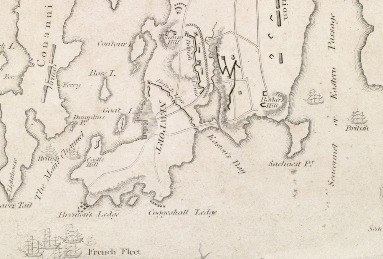 Map of Newport, Rhode Island, showing British, American, and French positions on land and water.