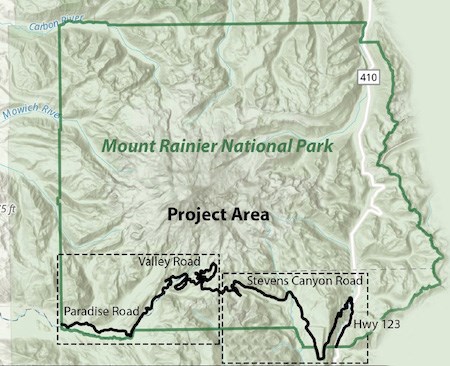 A simplified map of Mount Rainier National Park with four roads bolded on the south side of the park, below a label "Project Area". The roads are labeled, from west to east, Paradise Road, Valley road, Stevens Canyon Road, and Hwy 123.