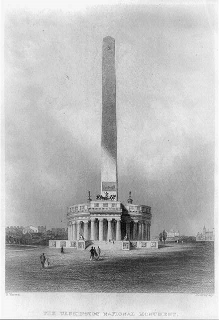 Print shows architect Robert Mills's original design for the Washington Monument with colonnade at the base; shows sightseers on the grounds and an artist seated at center of the foreground, sketching the monument.