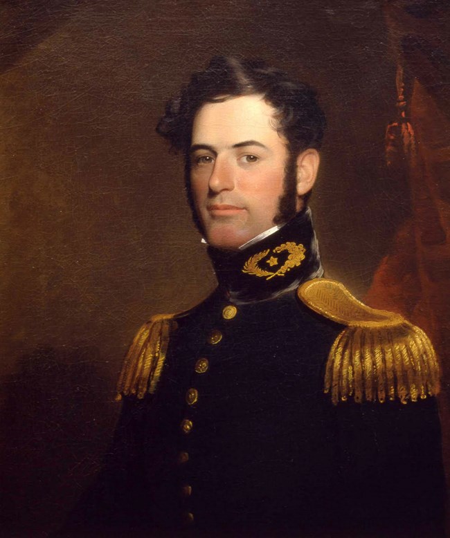 A painting of a young soldier with mutton chops.