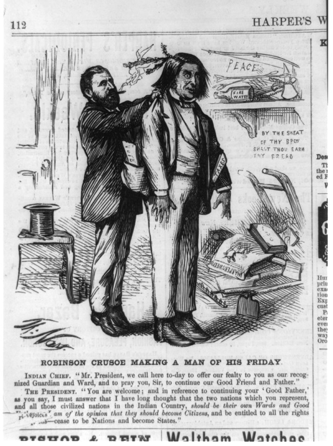 drawing of President Grant standing behind a Native American man and helping him put on a suit.