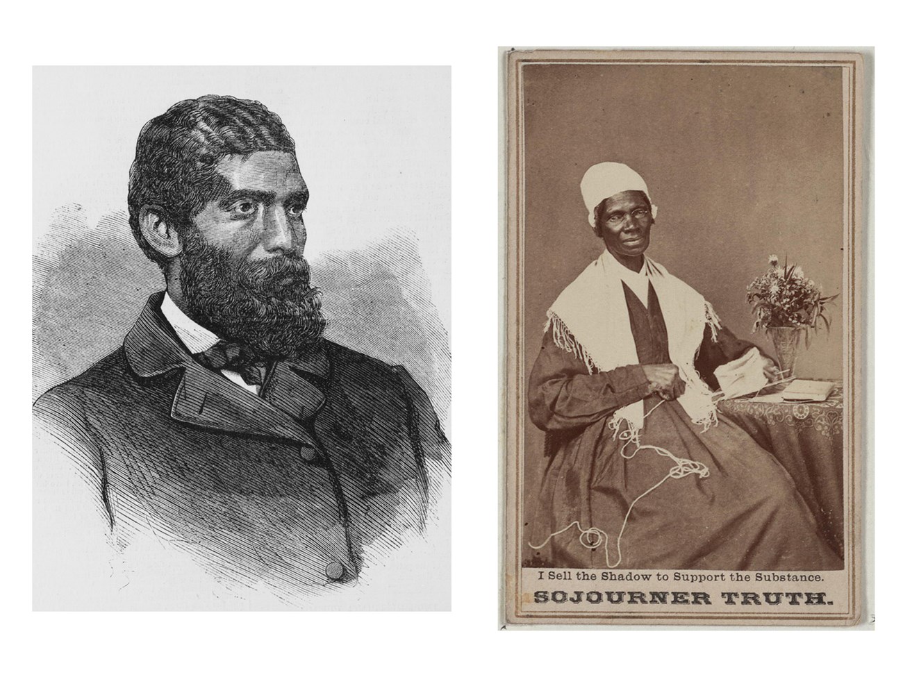 Portrait of bearded John Rock on the left and of Sojourner Truth as an older woman sitting in a chair on the right