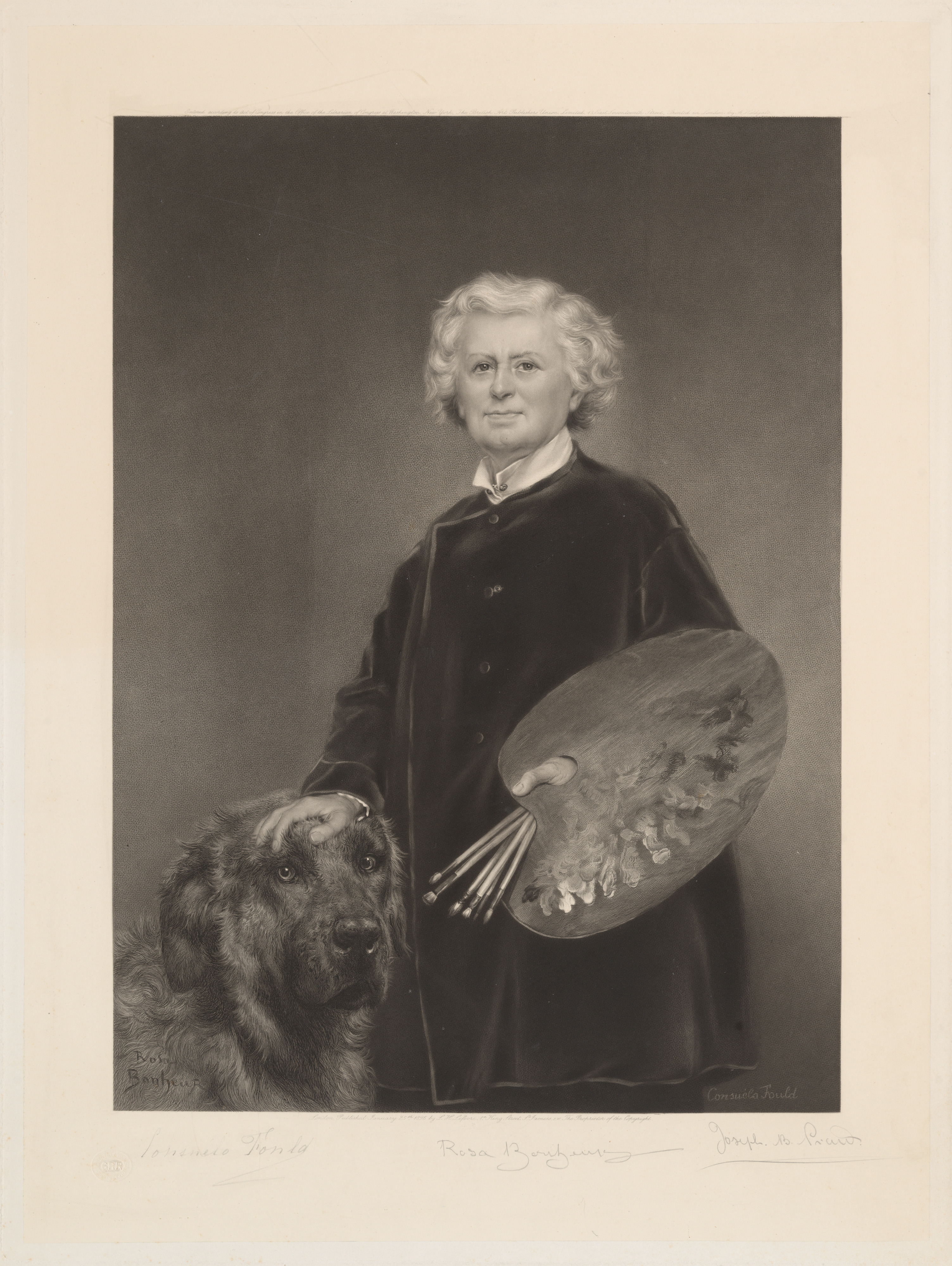 Black-and-white mezzotint portrait of Rosa Bonheur, shown seated in three-quarter view. She wears a dark dress with a high collar and a brooch at her neck. Her expression is calm and dignified, with her hair parted in the center and softly curled.