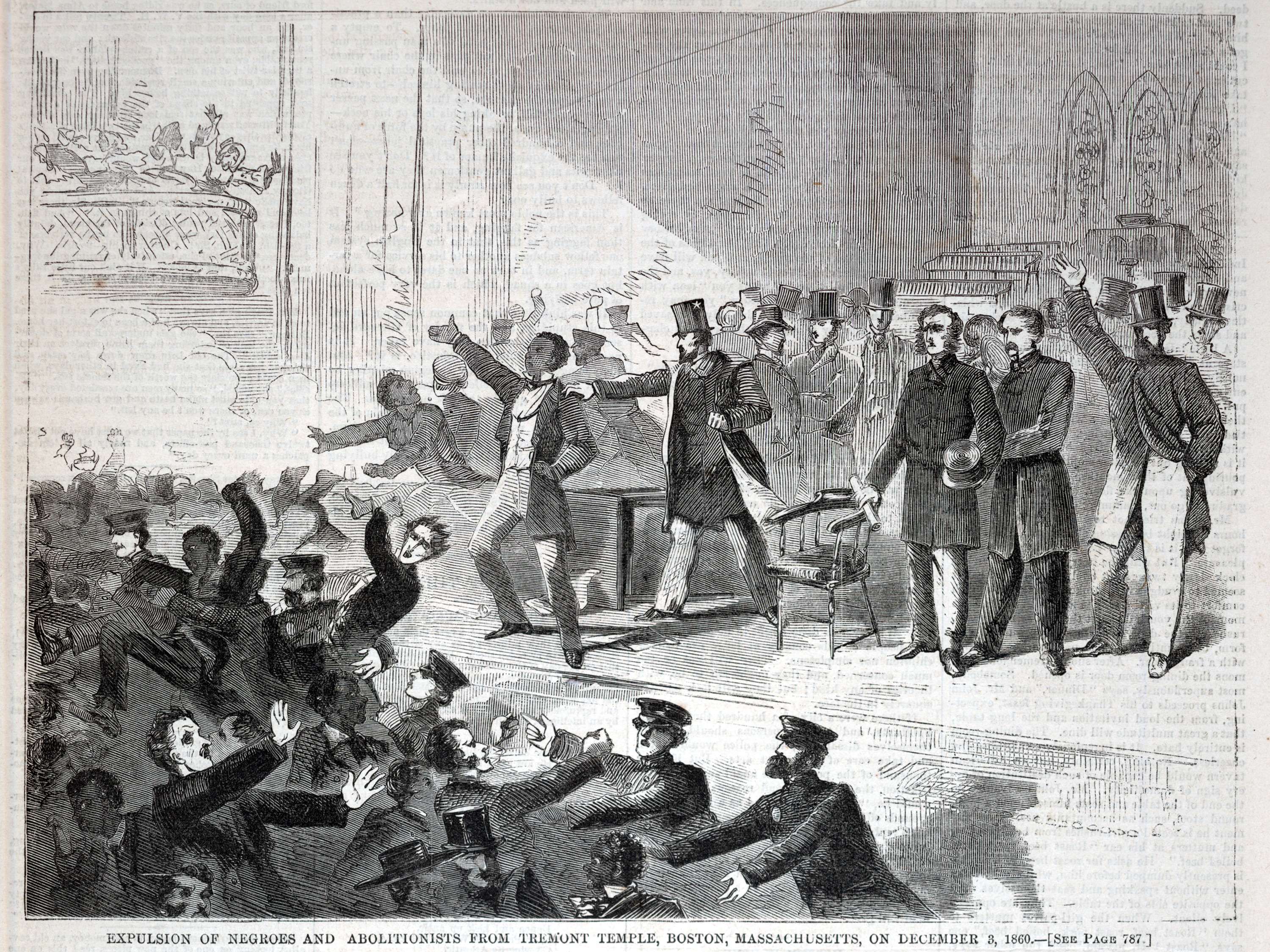 black and white print, illustrating the mob at Tremont Temple