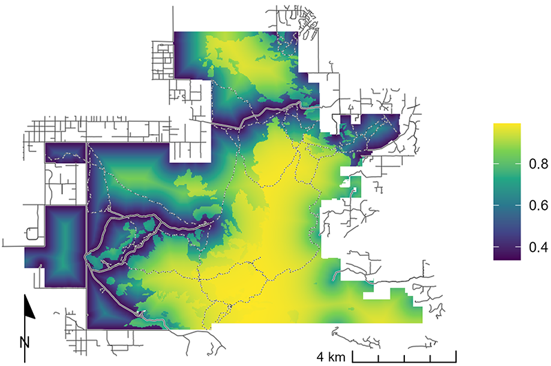 Figure 1. Map showing collared peccaries were more likely to use areas in the southeastern portion of the park. See text for detailed map data.