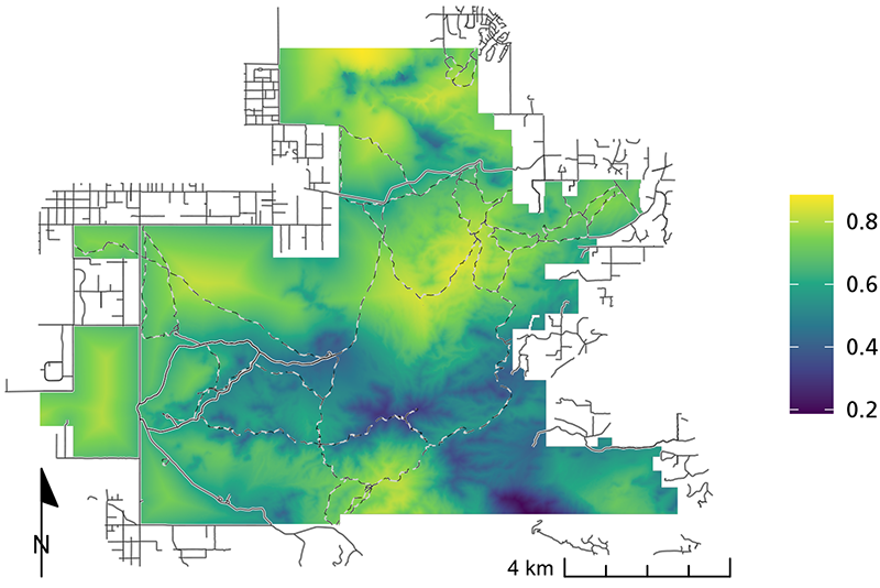 Figure 2. Map showing mule deer are less likely to use areas in th southeatern portion of the park.