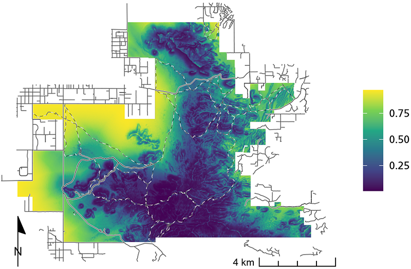 Figure 3. Map showing black-tailed jackrabbit were most likely to use areas along the western borders of the park.