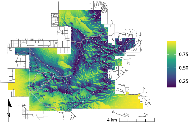 Figure 6. Map showing common gray fox were most likely to use areas in the far western and southeastern portions of the park. See the text for more details.