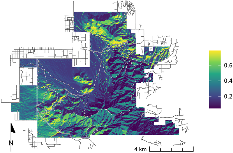 Figure 7. Map showing bobcats were most likely to use south-facing slopes in the northern and southwestern areas of the park. See text for more details.