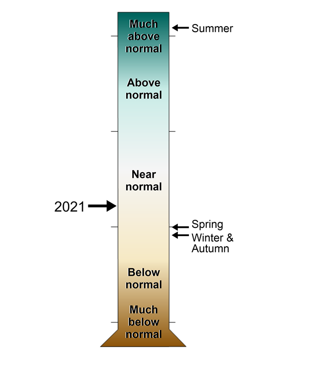 A figure of a graduated cylinder showing the Nassau County, New York annual and seasonal precipitation rankings from 1895-2021. Levels range from much above normal to much below normal.