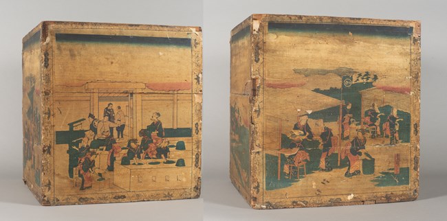 Wooden tea chest covered in brown paper depicting Japanese women processing tea.