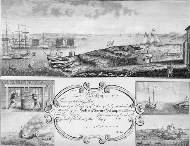 Black and white Salem Marine Society Certificate with images of Salem Harbor.