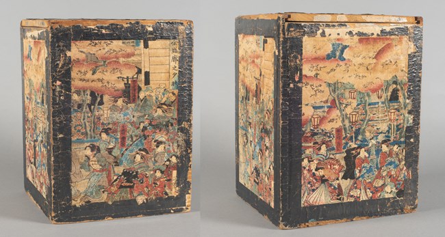 Wooden tea chest covered in fabric and paper with multi-colored Japanese prints.