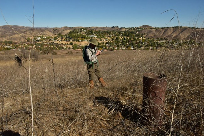 NPS worker standing at the top of a hill holding a GPS standing next to a rusty barrel.