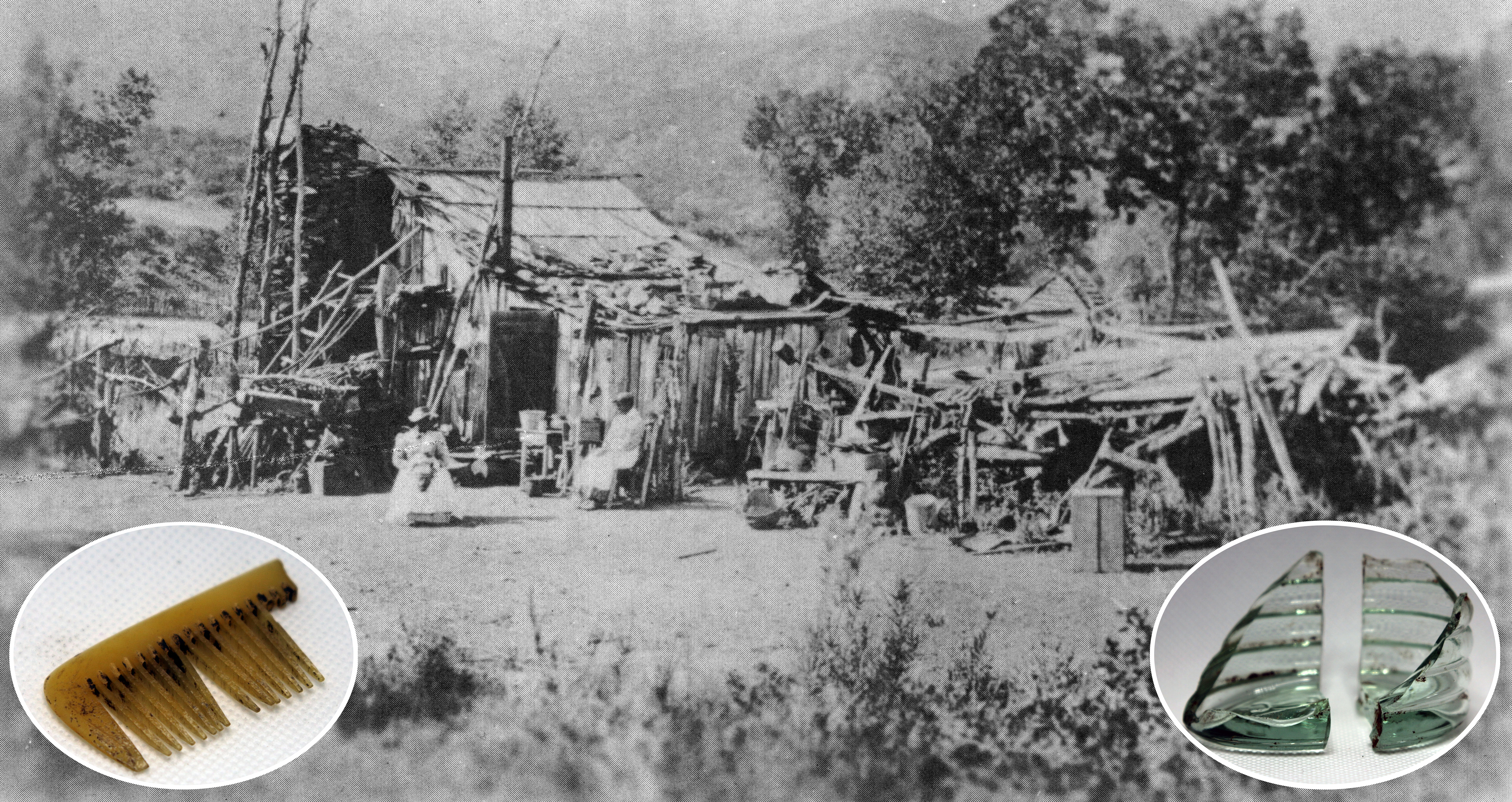 The broken remains of the bottom of an oval glass jar with ribbing and a fragment of a brown comb with a few broken teeth.