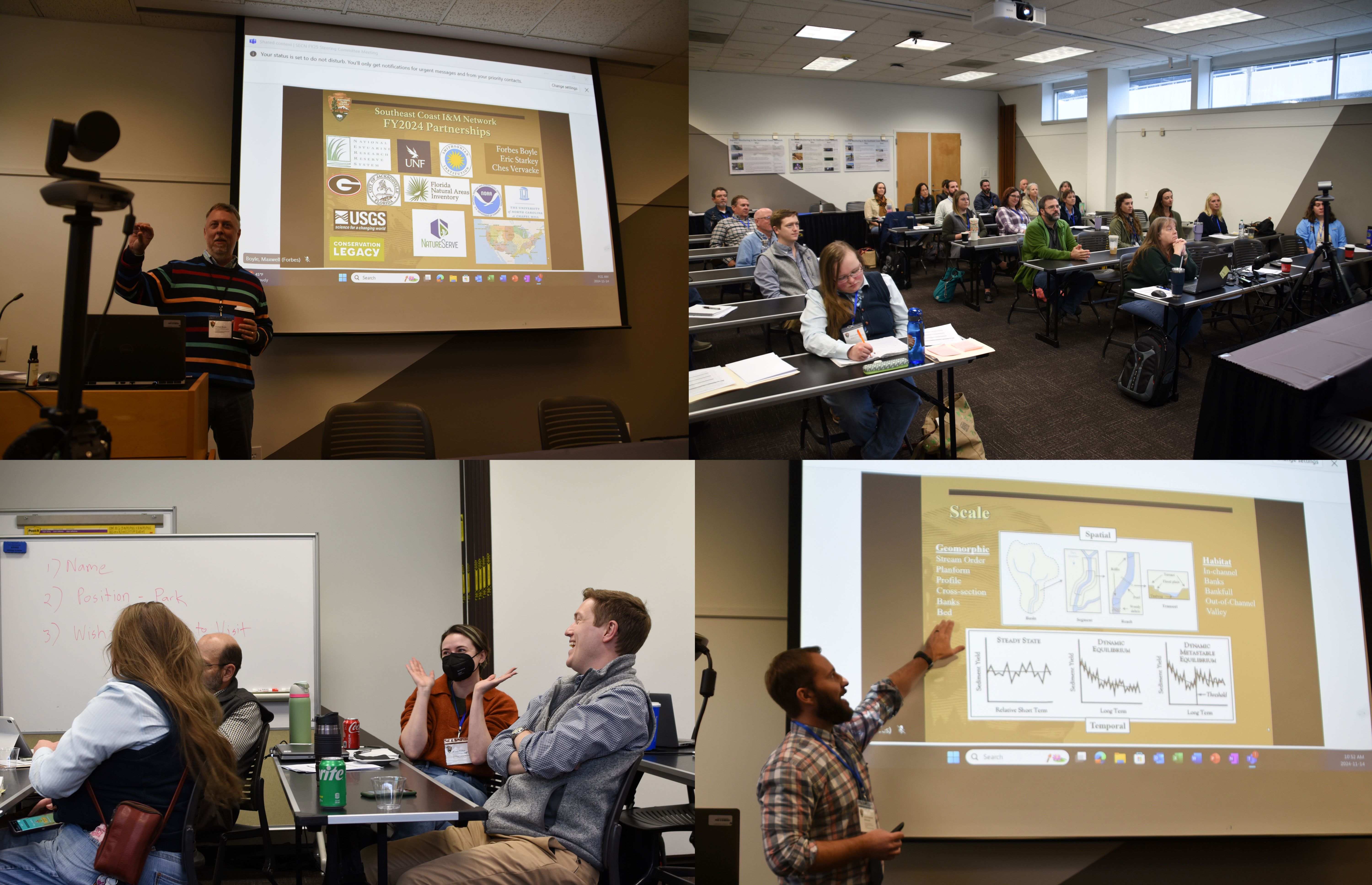 Random shots of meeting with people sitting at desks and pointing to screen.