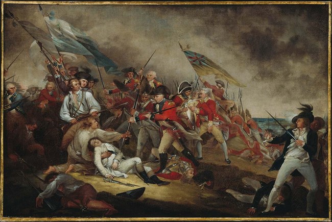 Colorful painting of British Red coat soldiers fighting patriots with one Patriot in focus dying on the ground.