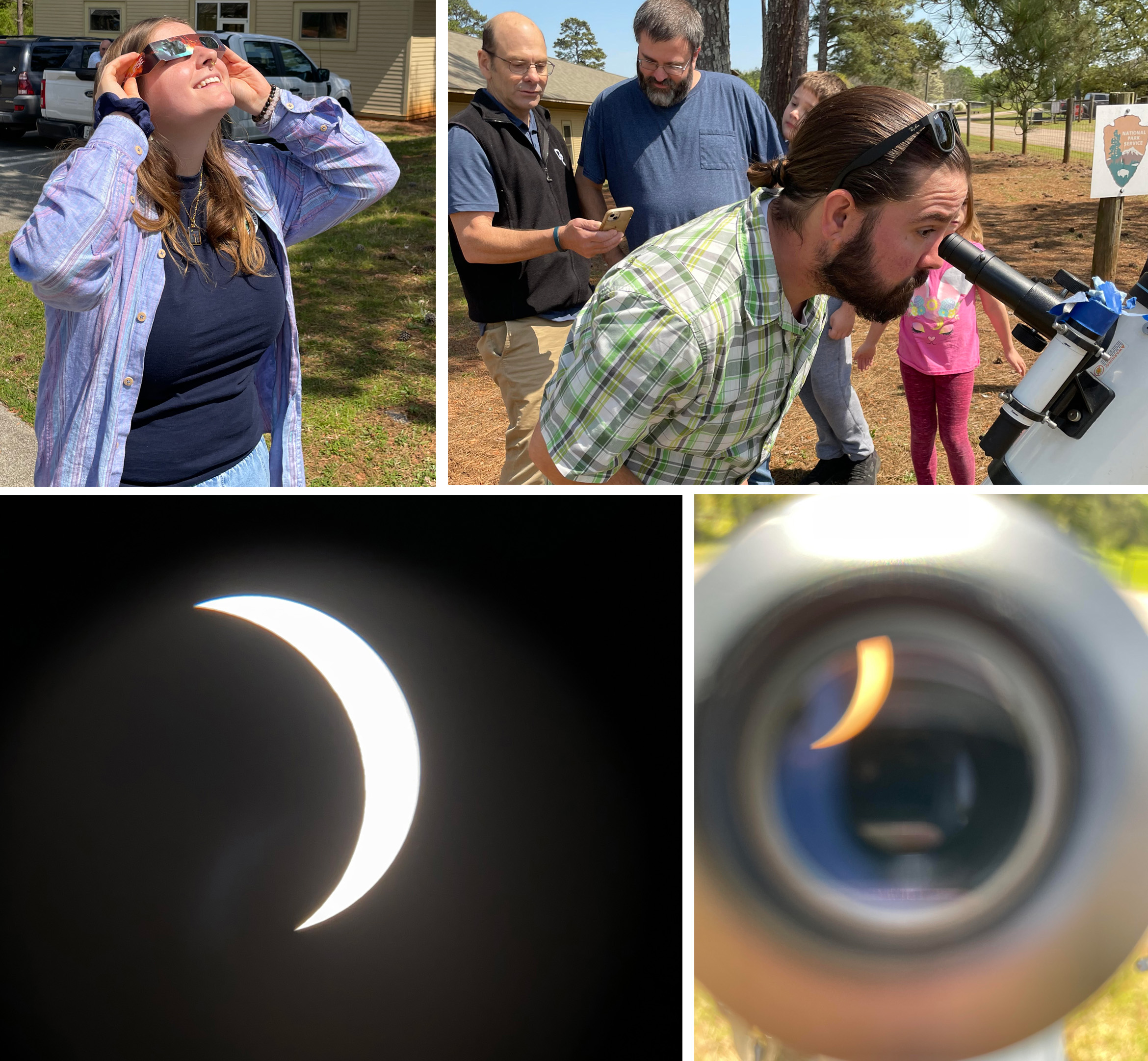 woman wearing eclipse glasses, man looking in a telescope, the eclipse and the eclipse through a viewfinder