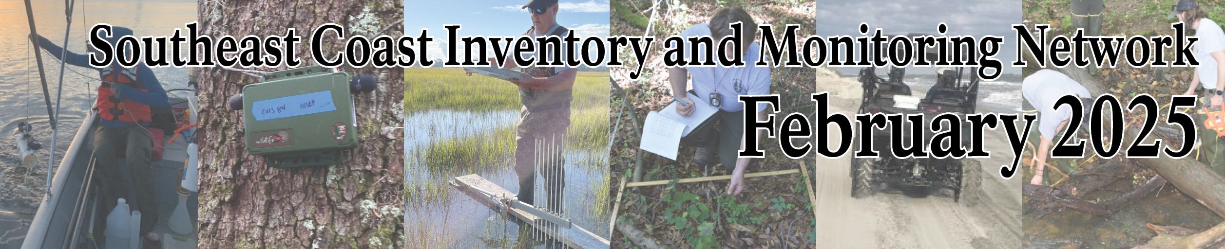 Collage of fieldwork photos behind the words Southeast Coast Inventory and Monitoring Network February 2025
