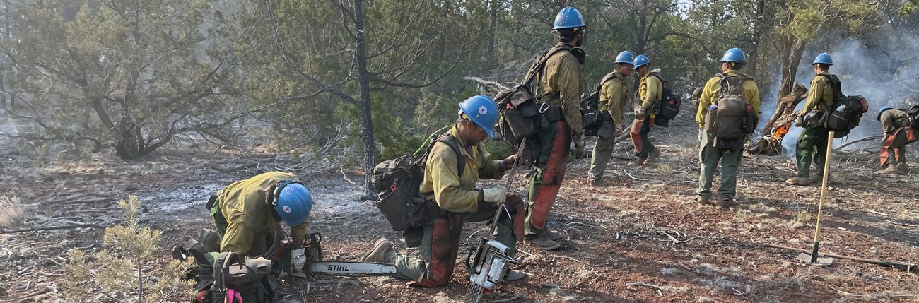 Firefighters in personal protective equipment work near a smoky fireline, sharpening chainsaws and talking.