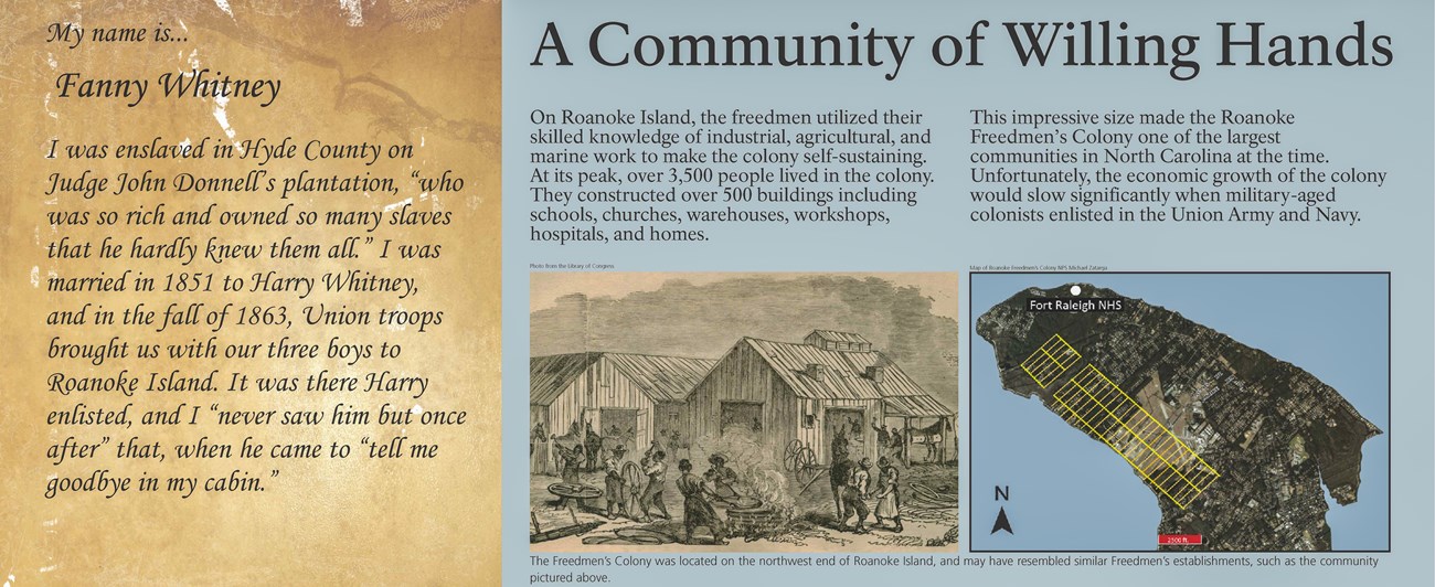 Part of an interpretive signed titled "A Community of Willing Hands," featuring quotes from a woman named Fanny Whitney who lived at the site.