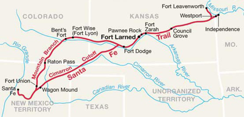 Map of the Santa Fe Trail starting in Independence and ending in Santa Fe.