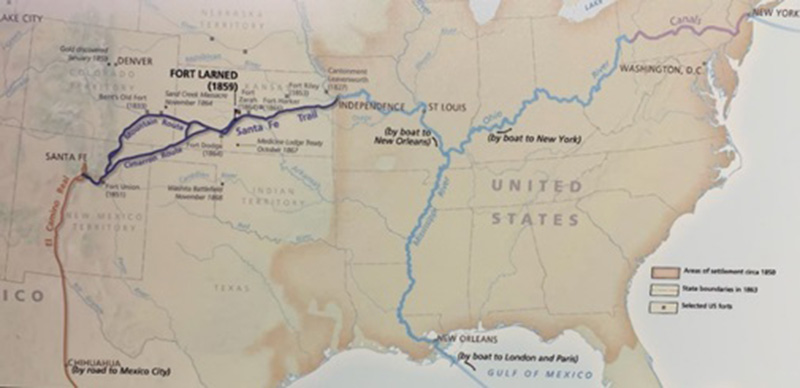 Map of the Santa Fe Trail with an expanded view of the United States, showing more connections with other trade networks.