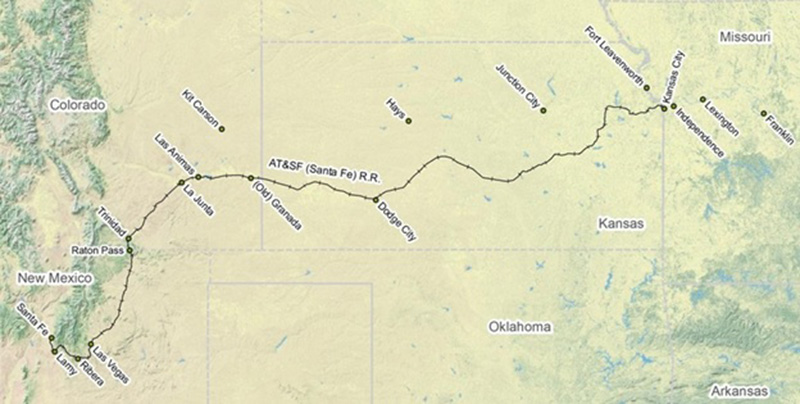 Image of railroads covering the original route of the Santa Fe Trail.