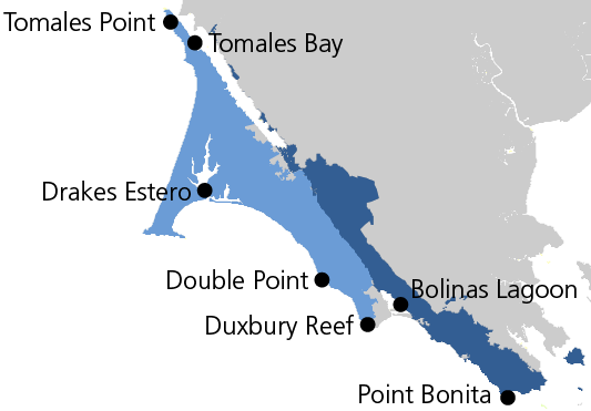 Simplified map of Marin County, CA, with seven, labeled dots indicating harbor seal breeding/monitoring locations. From North to South, they are Tomales Point, Tomales Bay, Drakes Estero, Double Point, Bolinas Lagoon, Duxbury Reef, and Point Bonita.