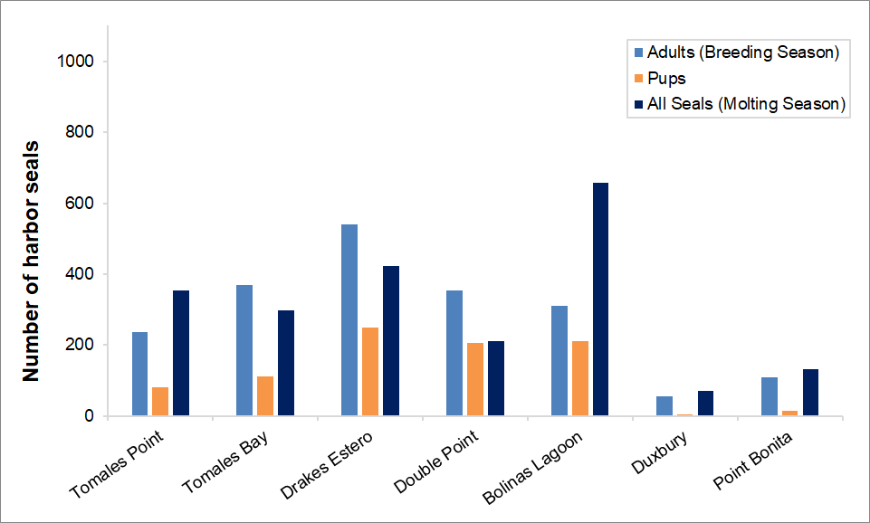 Bar graph of maximum harbor seal counts at Tomales Point, Tomales Bay, Drakes Estero, Double Point, Bolinas Lagoon, Duxbury, and Point Bonita. Drakes Estero has the highest breeding season numbers. Bolinas Lagoon has the highest molting season total.