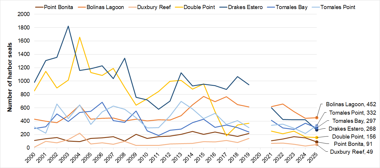 Line graph of harbor seal pup counts at 7 sites. Duxbury Reef has the lowest counts (49 in 2025). Bolinas Lagoon has the highest 2025 molt count (452), although in most prior to 2020 it has been exceeded by one or both of Drakes Estero and Double Point.