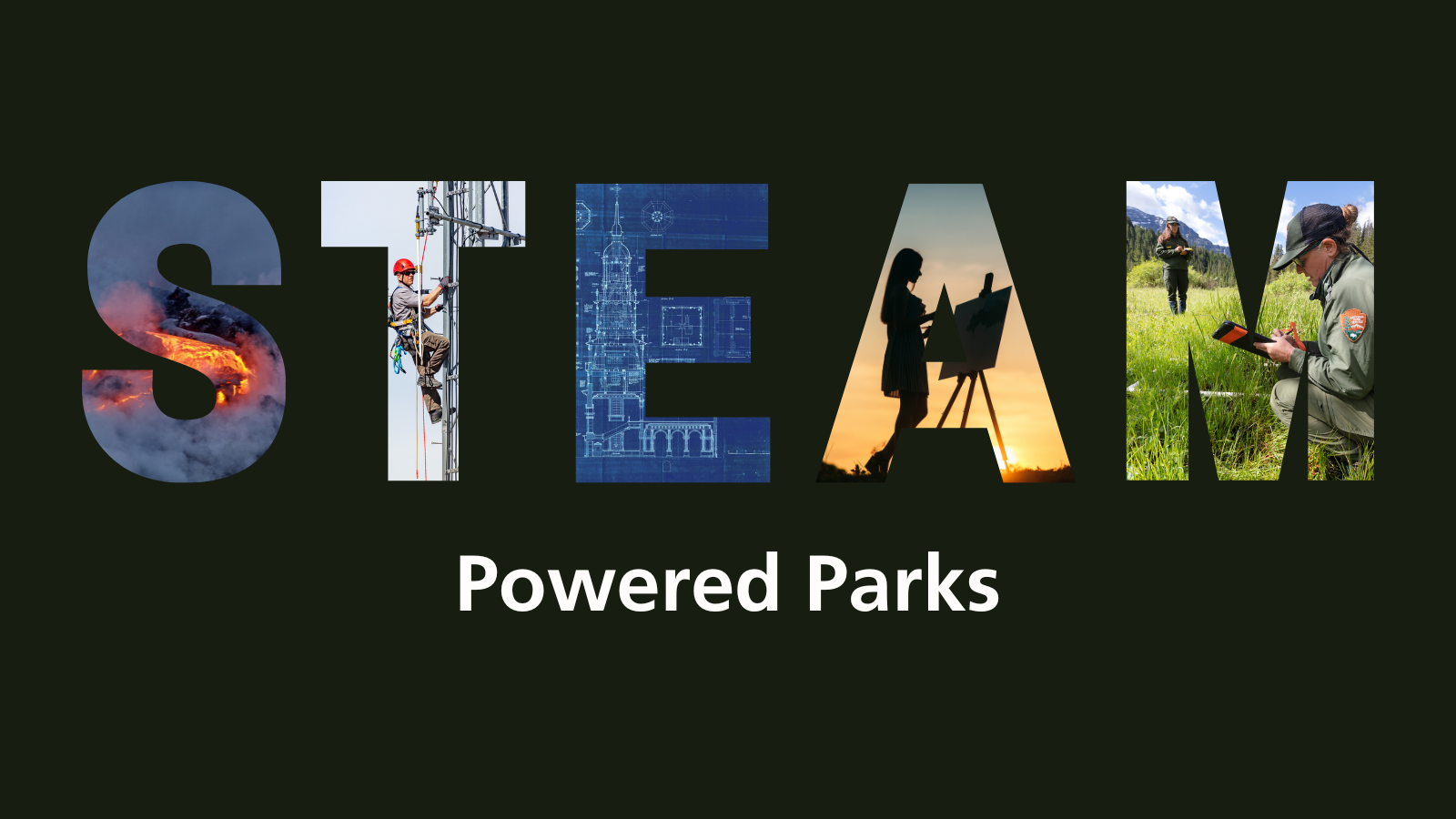 Graphic reading 'STEAM-Powered Parks. National Park Service. Each letter of "steam" has a related photograph with the letter.