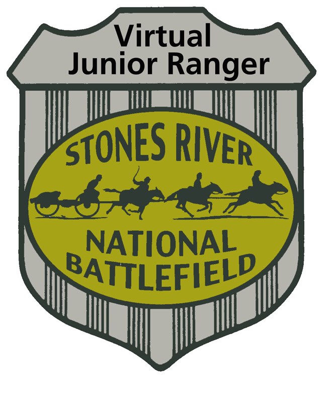 A grey and gold badge that says "Virtual Junior Ranger" at the top and "Stones River National Battlefield" in the center, surrounding a cannon pulled by horses.