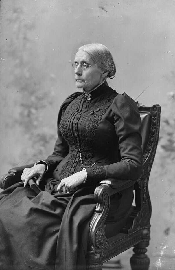 black and white photo of an older susan b anthony in a chair LOC